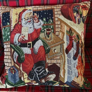 Vintage Santa Claus Christmas Tapestry Pillow 18x18 Inch Feather Fill Festive